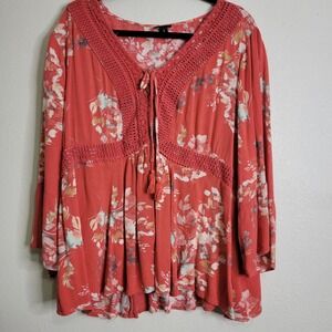 Torrid Floral Crochet Trim Tassel Tie‎ Bell Sleeve Blouse Top Plus Size 3X Coral